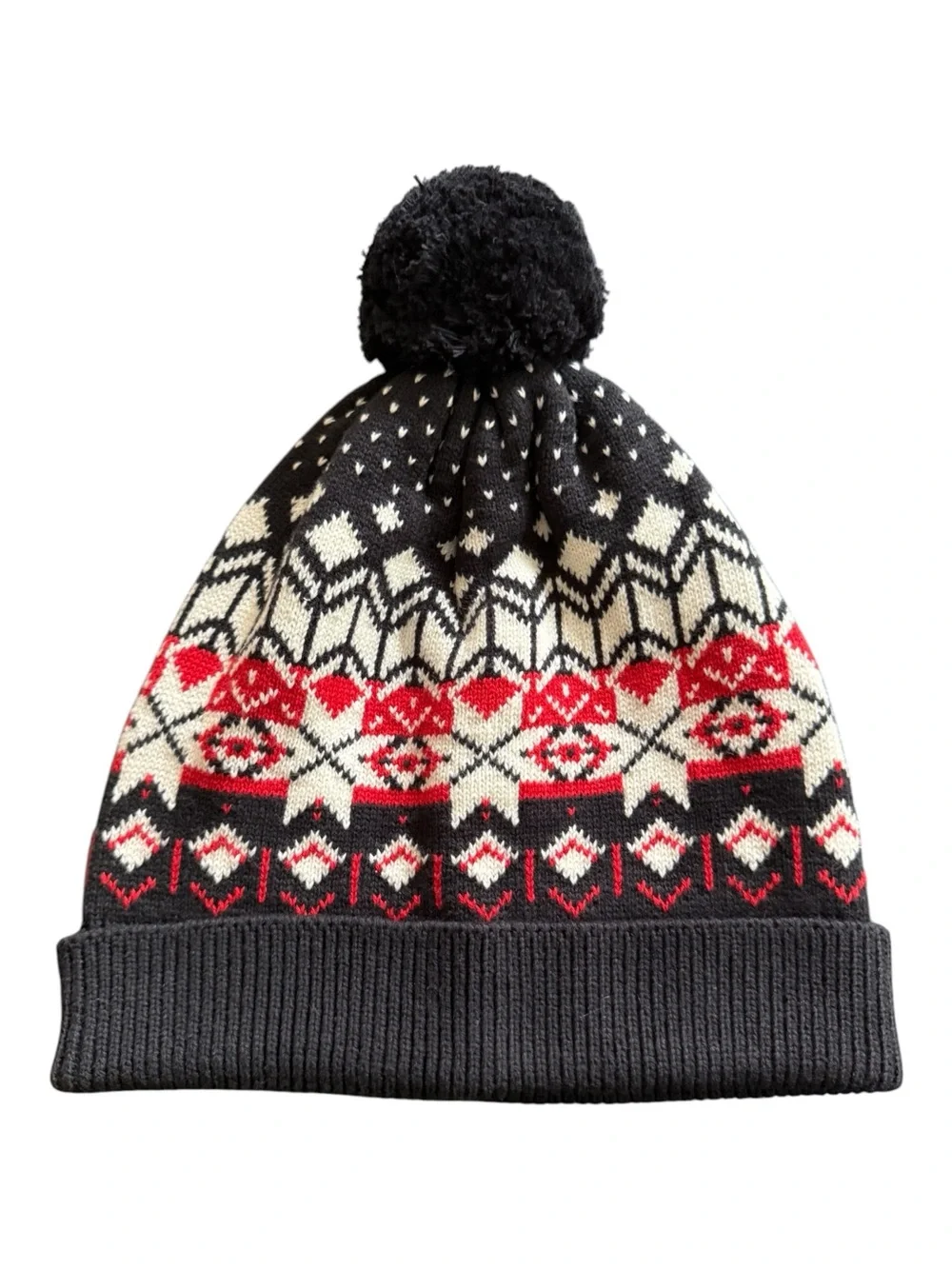 Hanna Andersson 100% Cotton Nordic Black Red White Fair Isle Pom Hat Adult XL